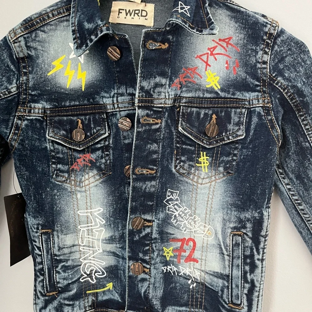 Blue‎ Jean Jacket with Distressed Look and Colorful Embellishments